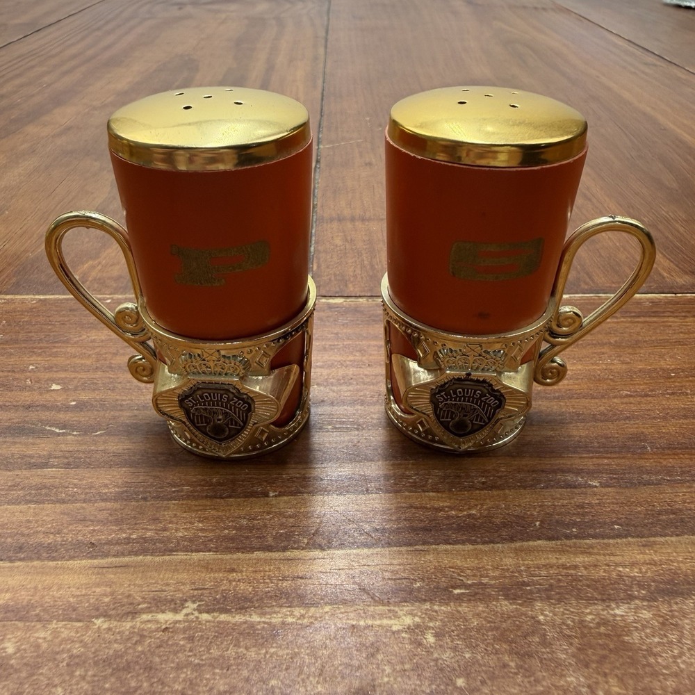 Vintage MCM St Louis Zoo Salt and Pepper Shakers Japan Wood Gold Holder Kitsch
